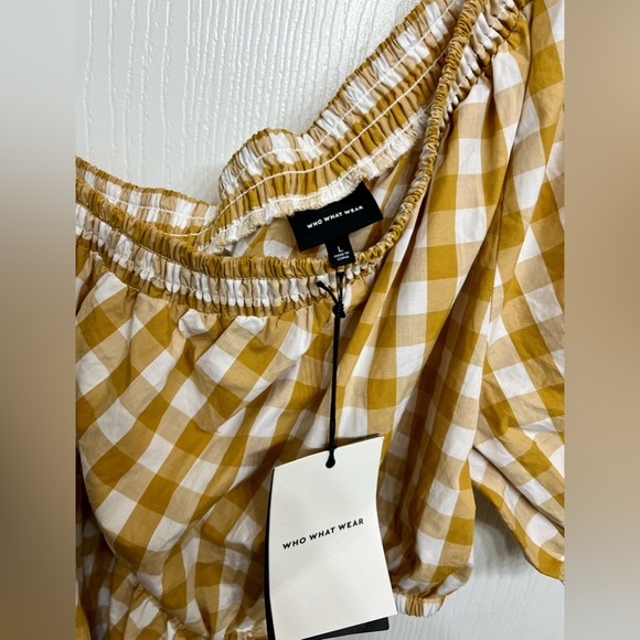 Who What Wear Midi One-Shoulder Dress - Mustard Gingham Puff Short Sleeve Cotton - Picture 4 of 8